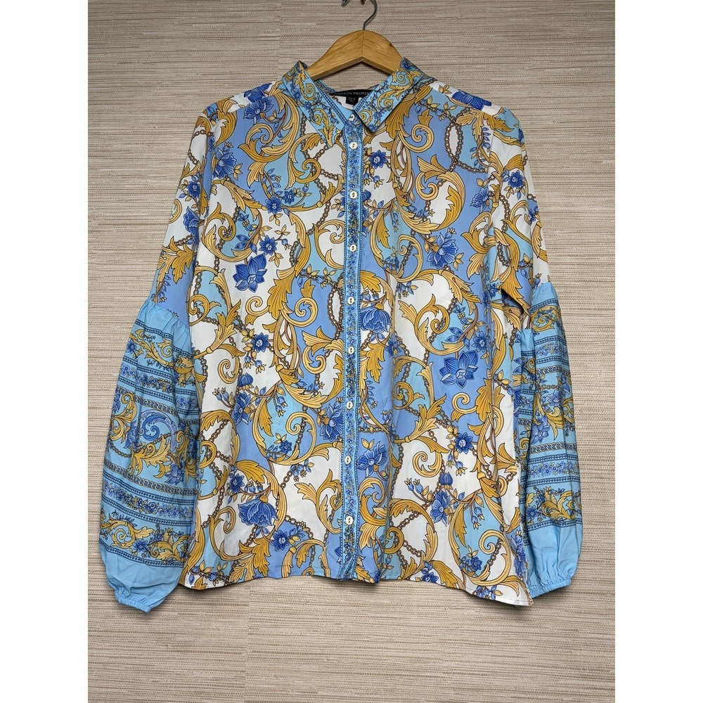 Boston Proper Baroque Chain Print Button-Up Shirt Women XL Blue Gold NWT